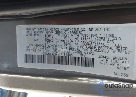 2003 Toyota Sequoia Limited V8 z USA, uszkodzony, nr VIN 5TDBT48A63S181885